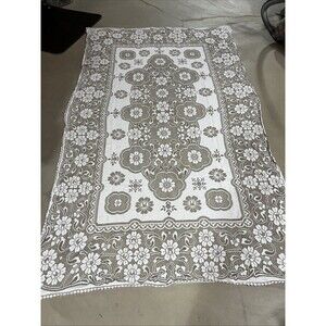 Vintage White/Green Lace Overlay Tablecloth Floral Rectangle